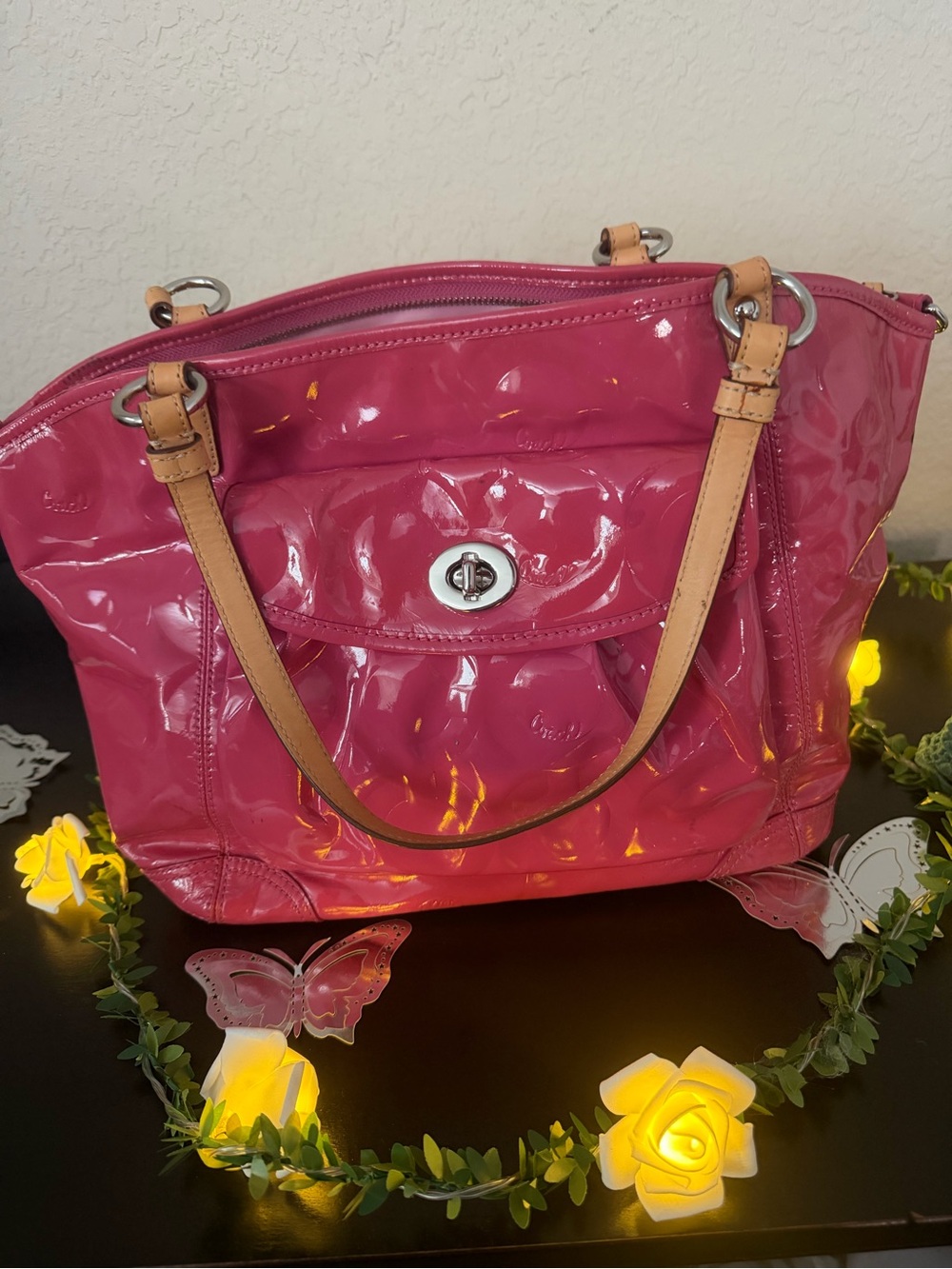 Coach Pink Patent Shoulder Bag with Tan Leather Handles